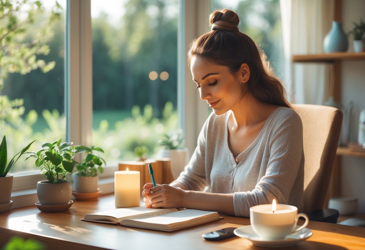 A young woman sitting at a desk by a window, writing in a journal with plants and a candle nearby.