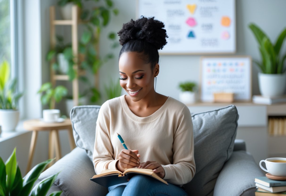 A woman sitting in a bright living room writing in a journal, surrounded by plants and books, looking calm and confident.