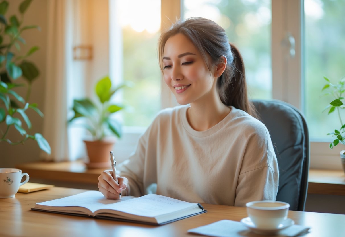 A young woman sitting at a desk writing in a notebook with a peaceful expression, surrounded by a plant and a cup of tea near a window.