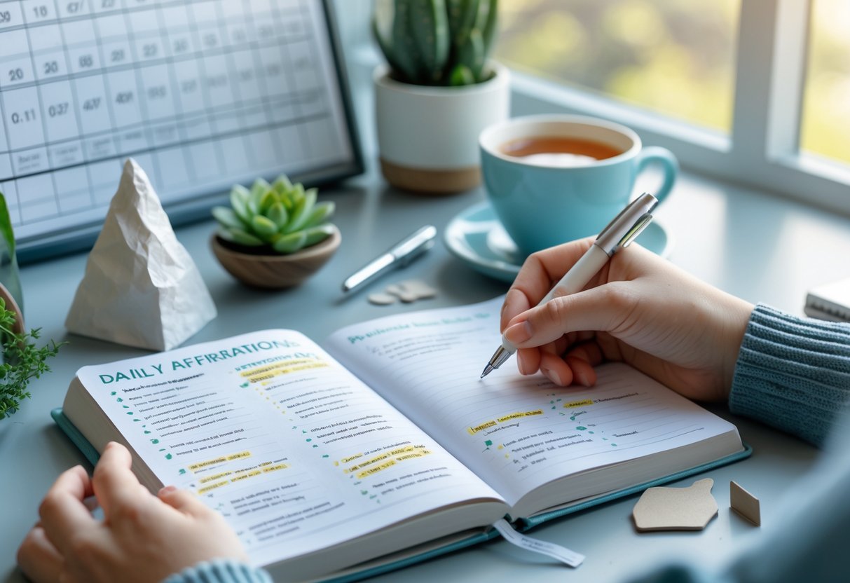 A person writing daily affirmations in a journal at a tidy desk with a small plant and a cup of tea near a window.
