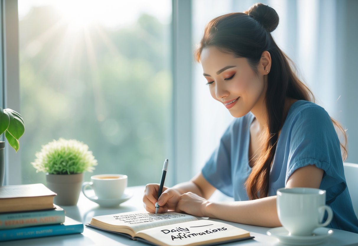 A young woman sitting at a desk by a window, writing in a journal with a cup of tea and a plant nearby.