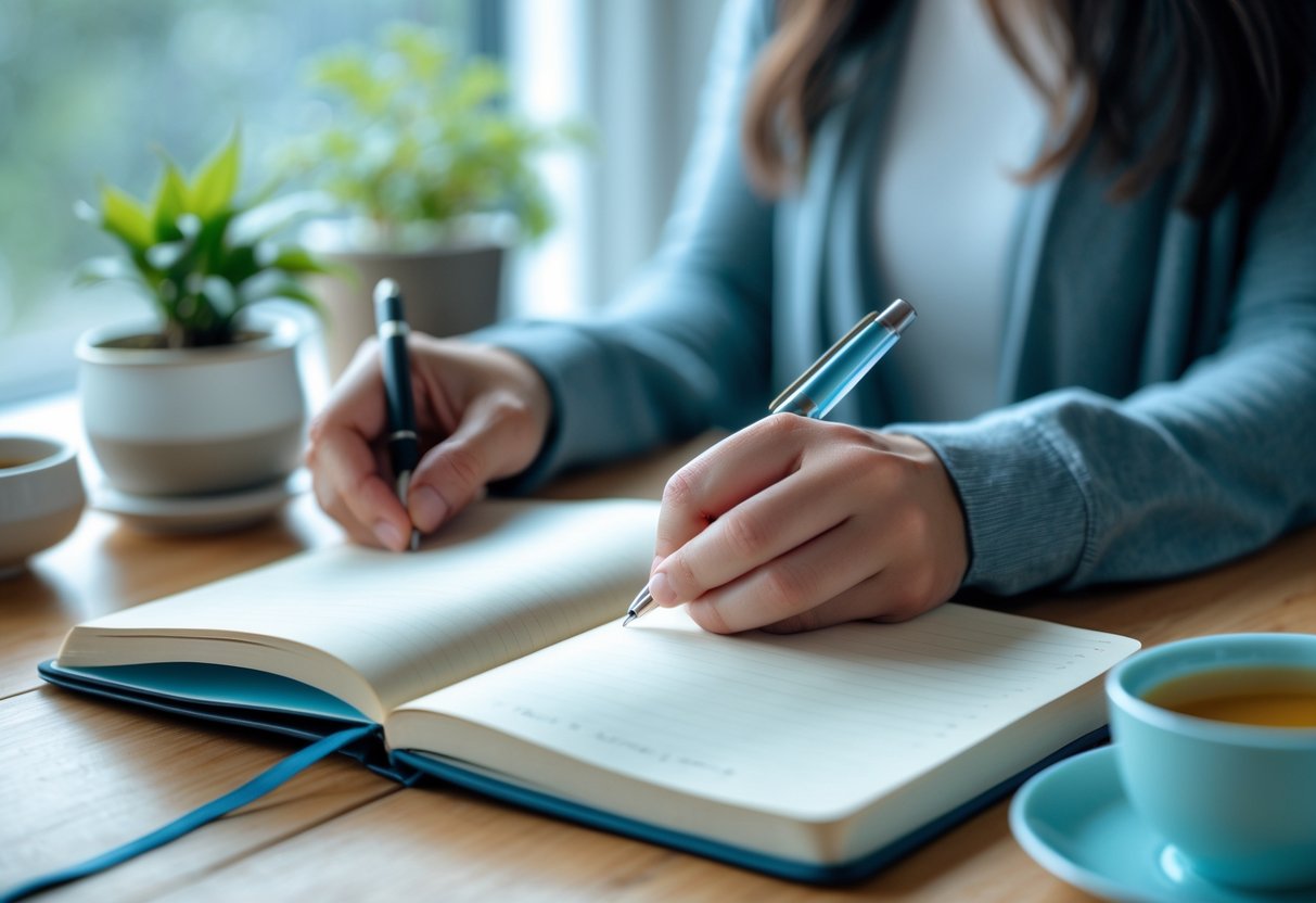 A person writing in a notebook at a wooden desk with a cup of tea and a small plant nearby.