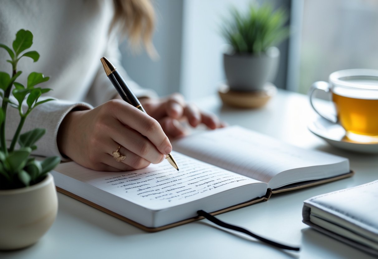 A person writing affirmations by hand in a notebook at a tidy desk with a plant and a cup of tea nearby.