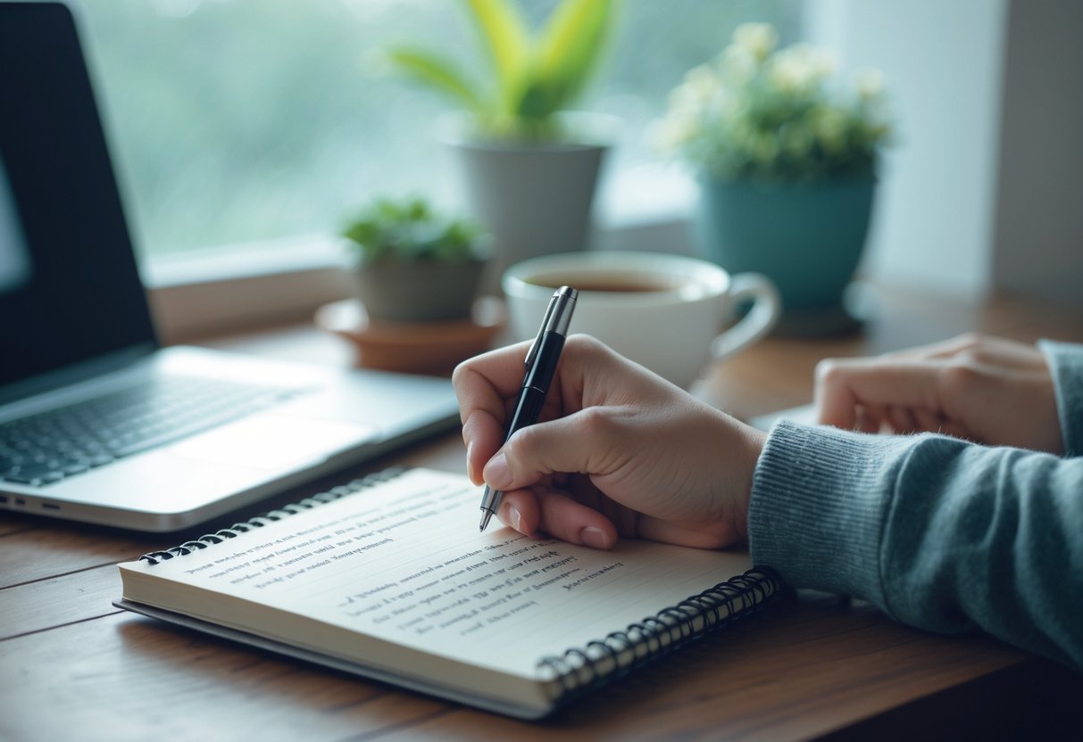 A person writing affirmations in a notebook at a desk with a laptop, cup of tea, and plant nearby.