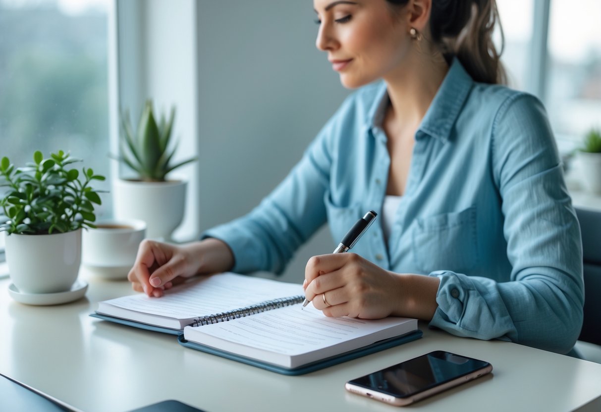 Person writing affirmations in a notebook at a desk with natural light and a cup of coffee nearby.