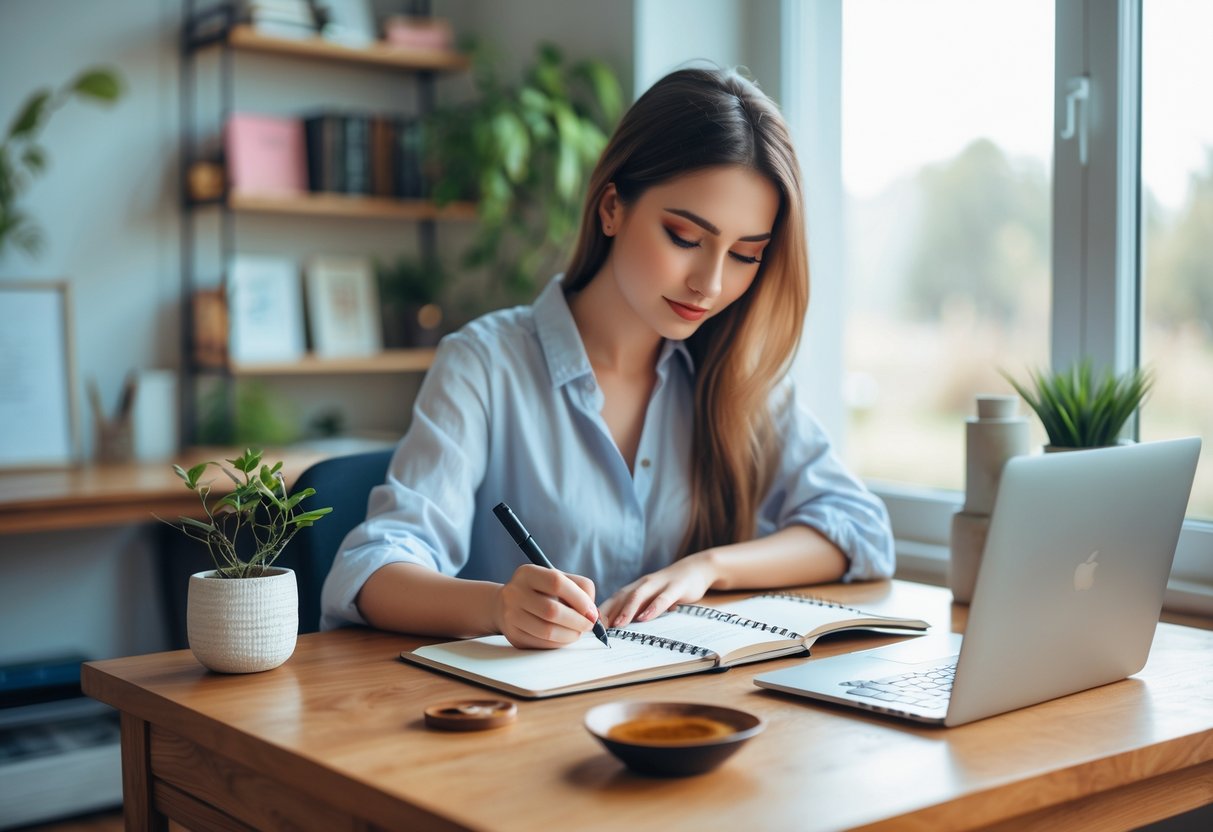 A woman writing in a notebook at a desk by a window with natural light, surrounded by plants and books.