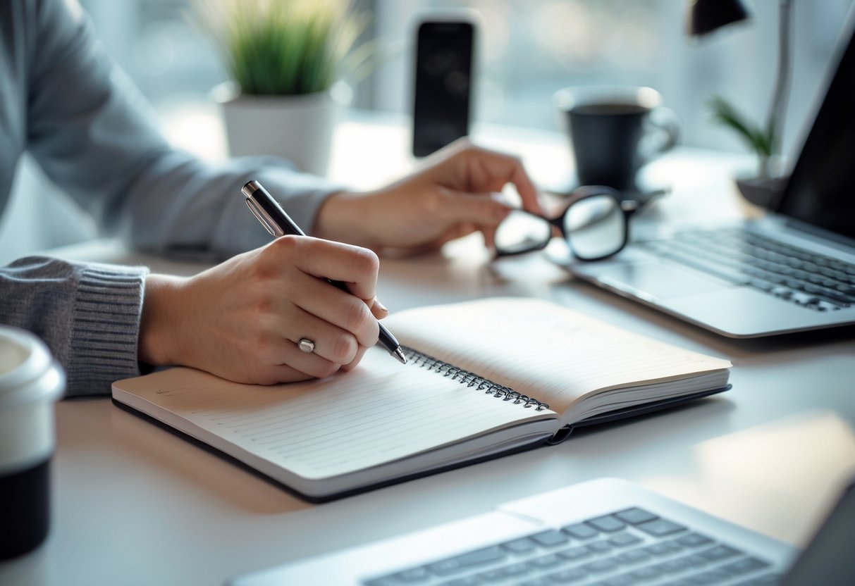 A person writing in a notebook at a desk with a smartphone nearby and natural light coming through a window.