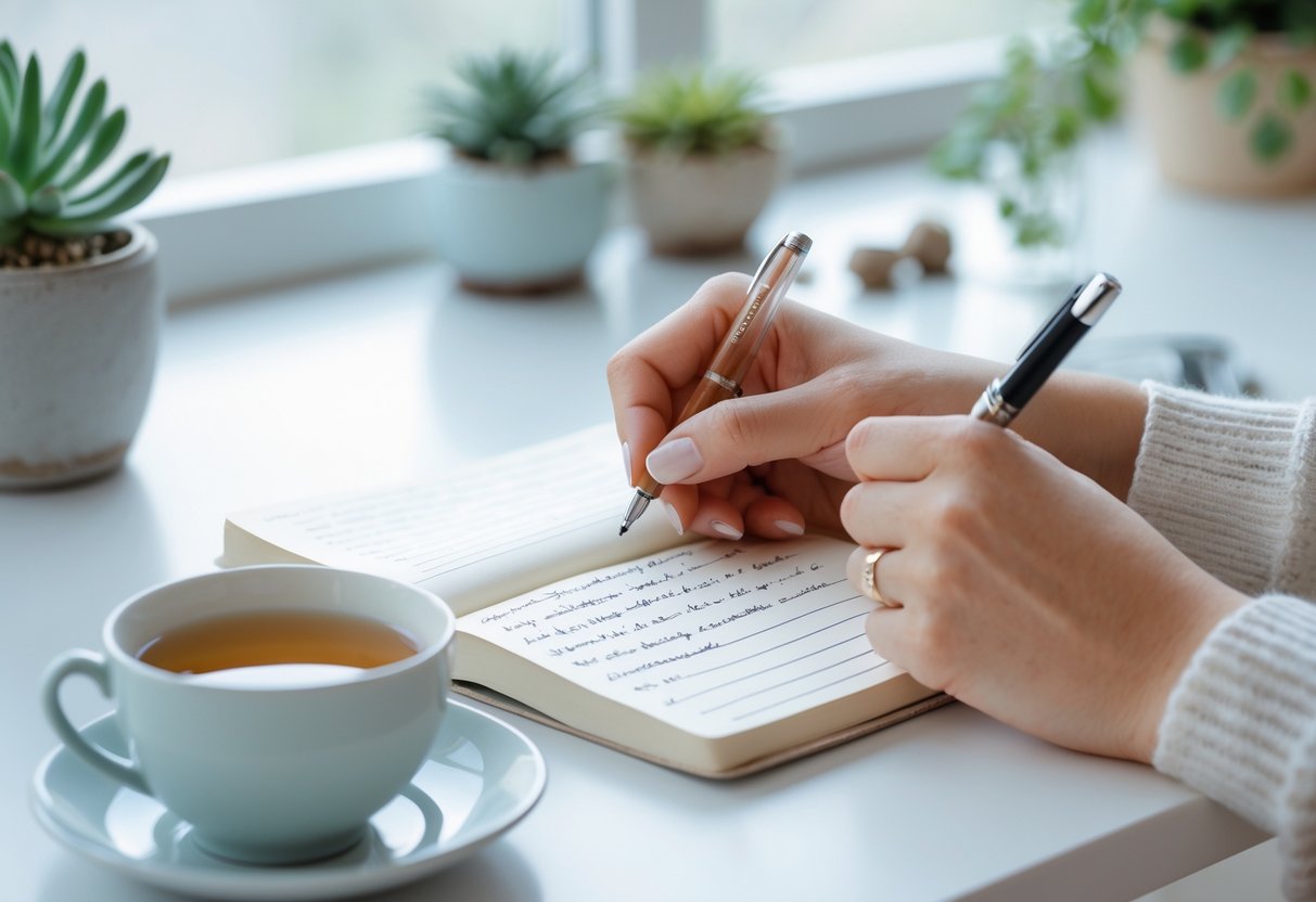 A person writing affirmations by hand in a journal at a bright, tidy desk with a cup of tea and a small plant nearby.