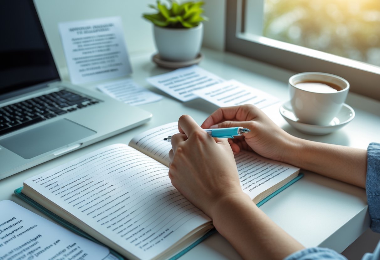 Person writing in a journal at a desk with affirmation cards, a laptop, and a cup of tea near a window with natural light.