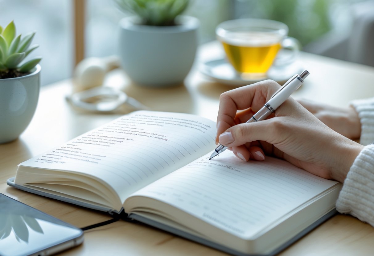 A person writing in a notebook at a desk with a plant and a cup of tea nearby, bathed in natural light.