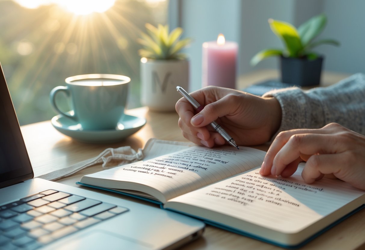 A person writing affirmations by hand in a notebook at a sunlit desk with a laptop, a cup, and a small plant nearby.