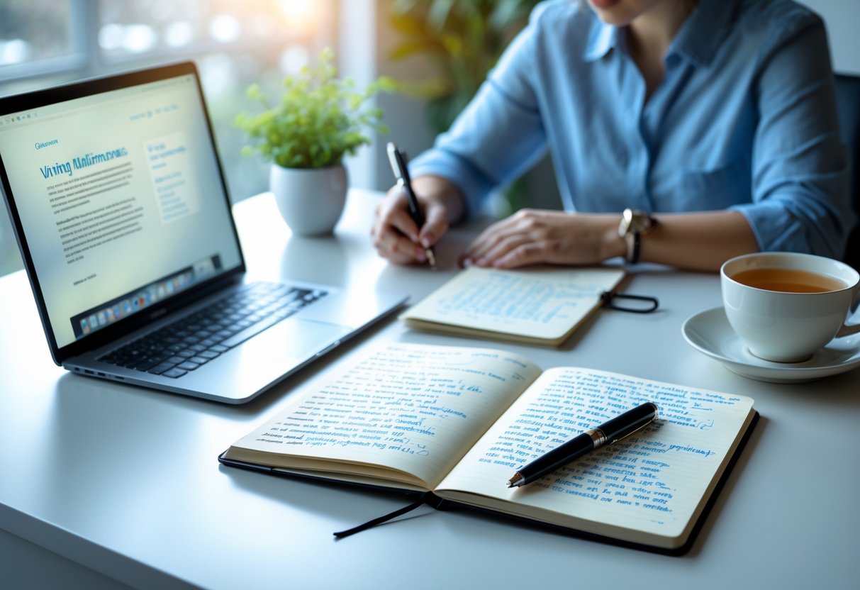 A person writing affirmations in a notebook at a bright desk with a laptop, a cup of tea, and a potted plant nearby.