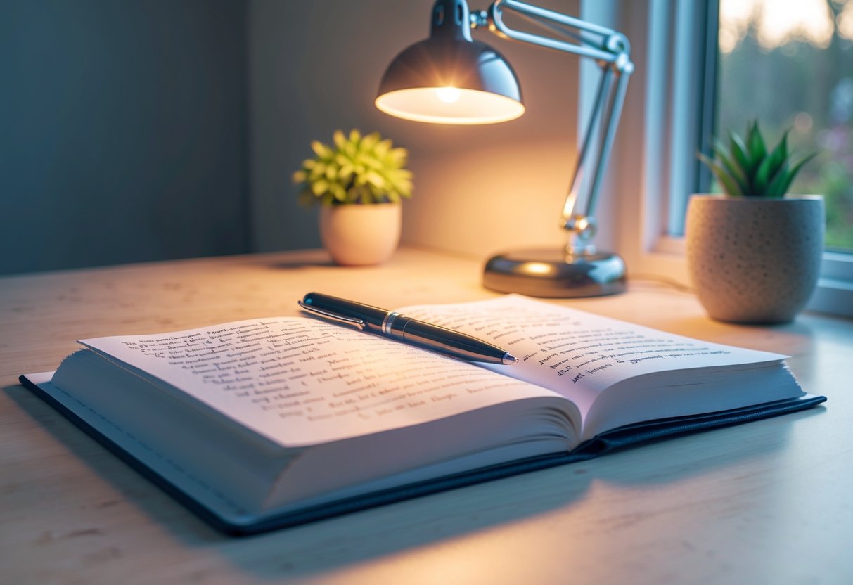A notebook with handwritten affirmations on a wooden desk, a pen resting on it, a small plant nearby, and natural light coming through a window.
