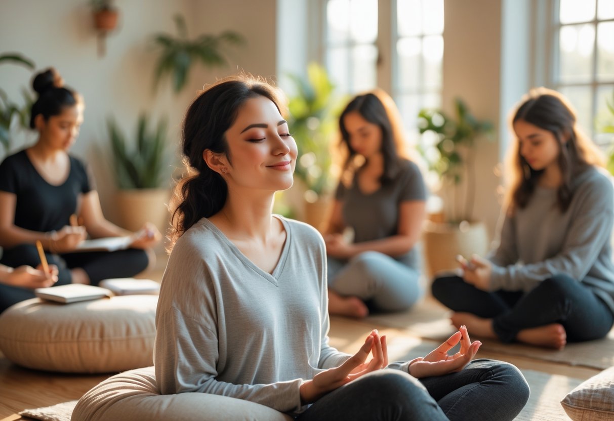 A young woman sitting peacefully with eyes closed and a gentle smile in a sunlit room, surrounded by plants and others quietly journaling or meditating.
