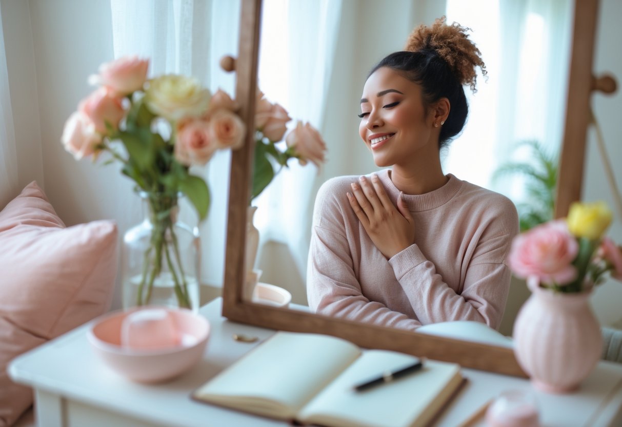 A young woman sitting in a bright room looking at herself in a mirror with a gentle smile, surrounded by cozy decor and natural light.