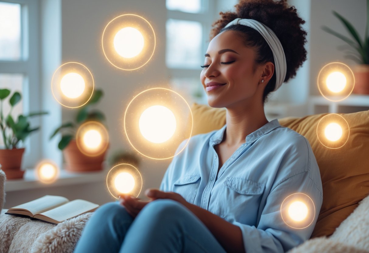 A woman sitting peacefully with eyes closed and a gentle smile in a bright room, surrounded by soft glowing lights and plants, conveying calm and self-love.