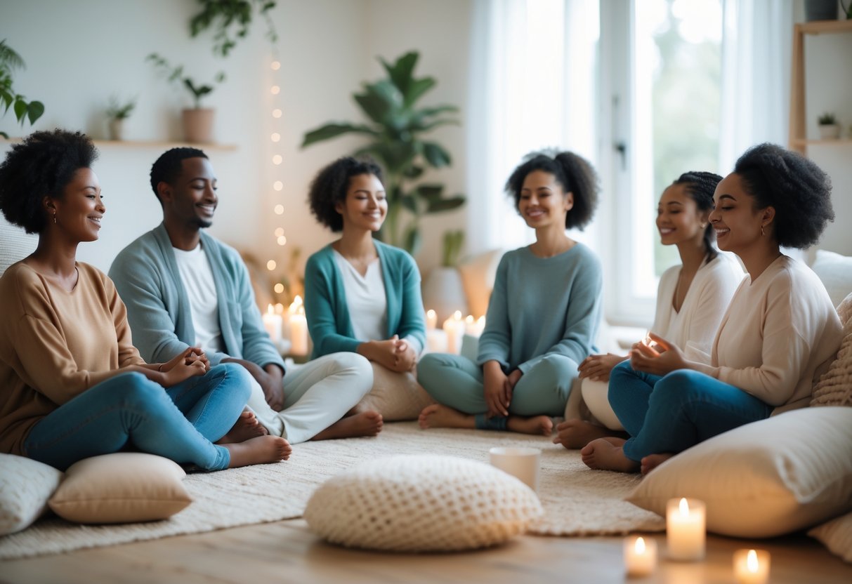 A diverse group of people sitting peacefully in a bright, cozy room surrounded by plants and cushions, reflecting a calm and kind atmosphere.