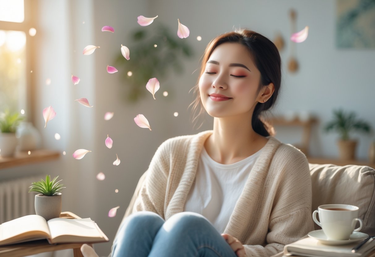 A young woman sitting peacefully in a bright room with eyes closed and a gentle smile, surrounded by soft natural light, a potted plant, a journal, and a cup of tea.