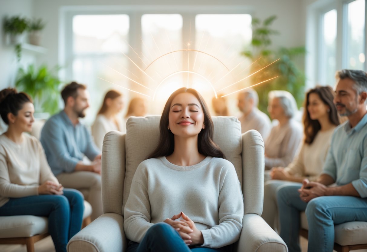 A young woman sitting peacefully in a cozy room with natural light, smiling gently with eyes closed, surrounded by plants and soft light.