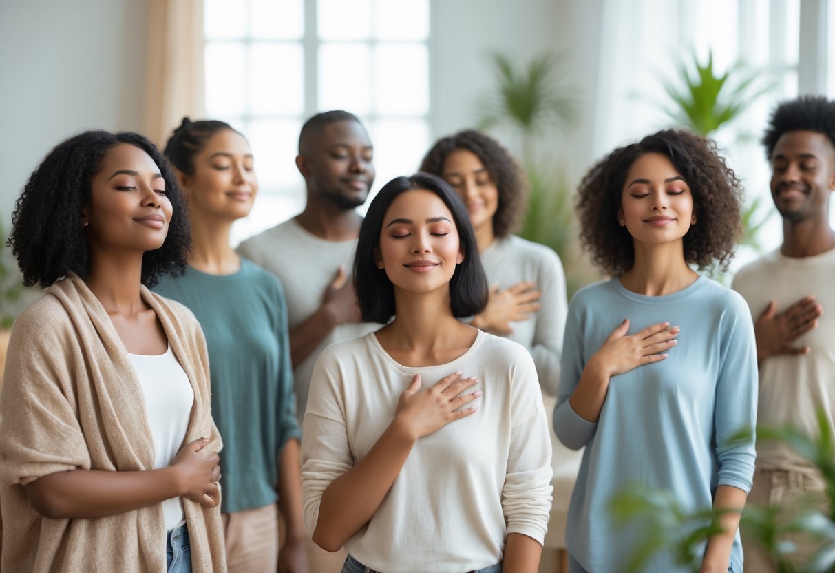 A diverse group of people peacefully practicing self-acceptance in a bright, calm indoor space.