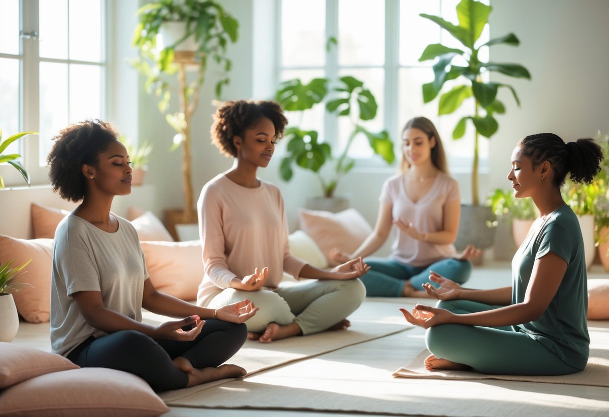 A group of people practicing self-care activities like meditation, journaling, and stretching in a bright, peaceful room with plants and natural light.