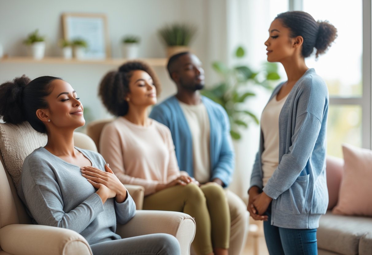 People practicing self-love and mindfulness in a bright, peaceful indoor space, showing calm and positive emotions.