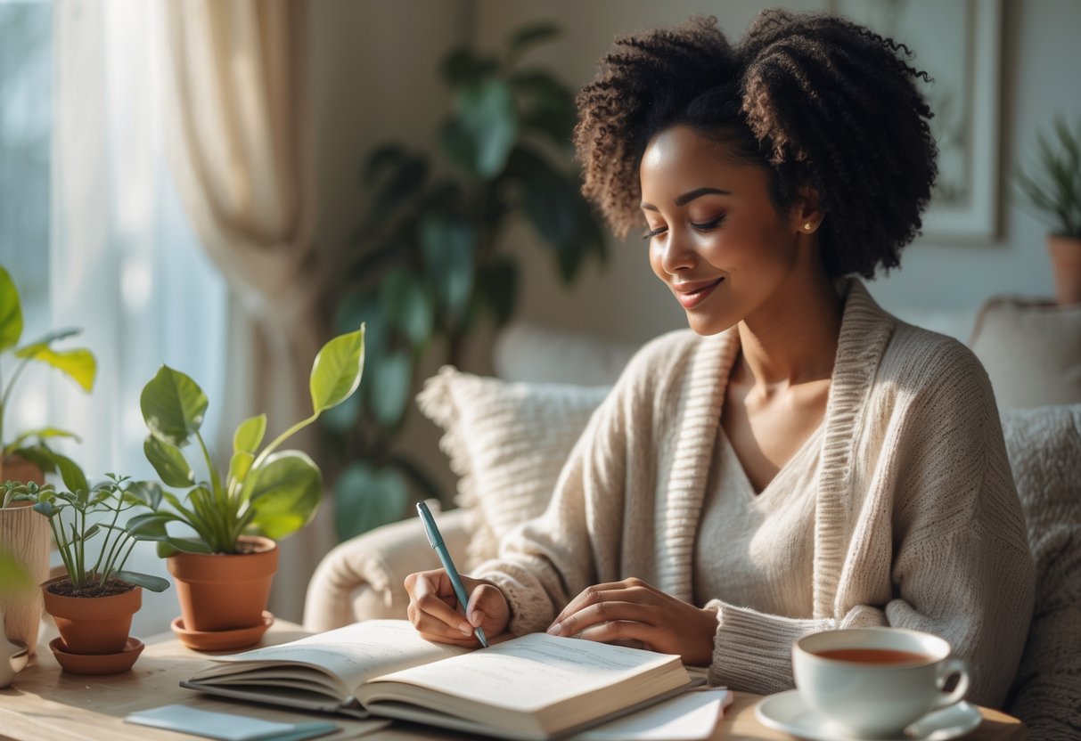 A young woman sitting in a sunlit room writing in a journal, surrounded by plants and a cup of tea, looking peaceful and reflective.