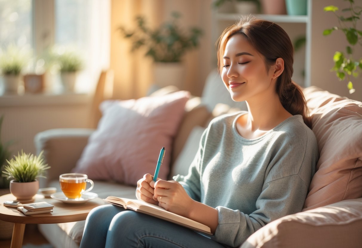 A woman sitting peacefully in a cozy living room, smiling with closed eyes while holding a journal and pen.