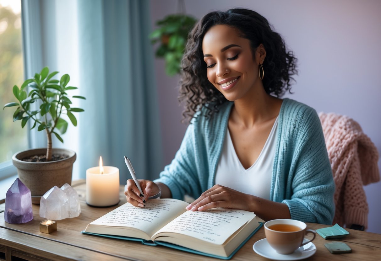A woman sitting at a wooden desk by a window, writing in a journal with a peaceful smile, surrounded by a plant, candle, and tea cup.