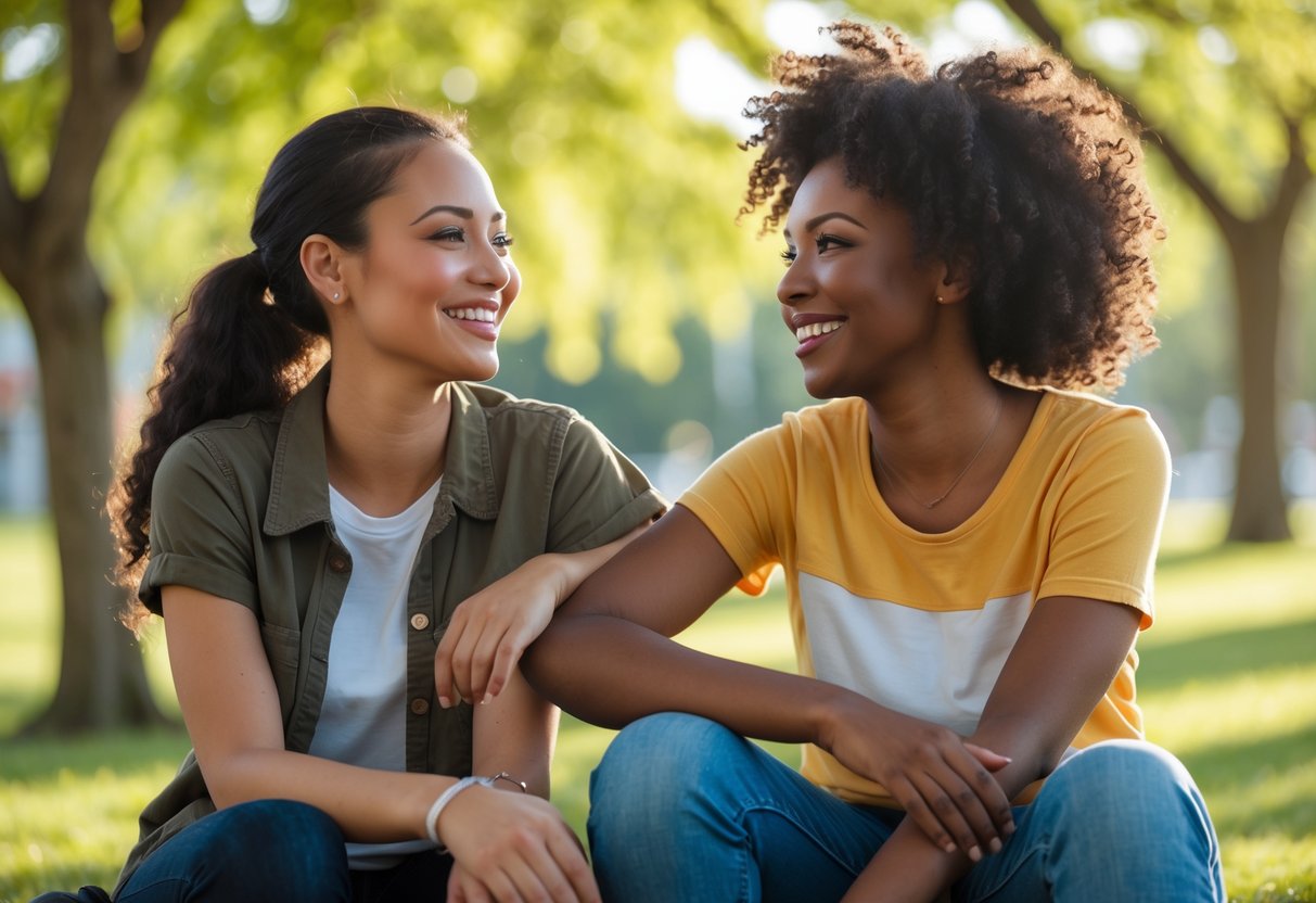Two friends sitting outdoors in a park, smiling and sharing a supportive moment with one friend gently touching the other's arm.