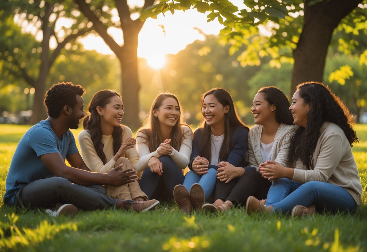 A diverse group of friends sitting together outdoors, smiling and talking warmly in a sunlit park.