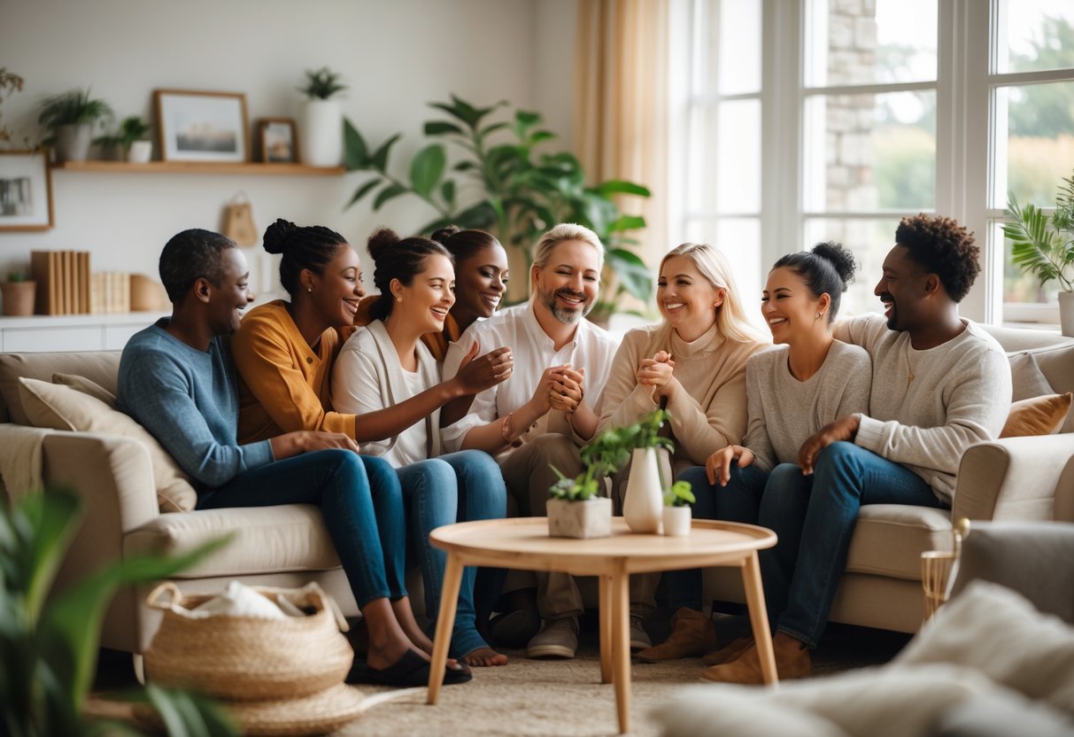 A group of friends and family members smiling and interacting warmly in a cozy living room.
