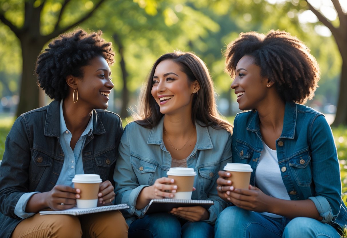 Three friends sitting together outdoors in a park, smiling and enjoying a warm conversation.