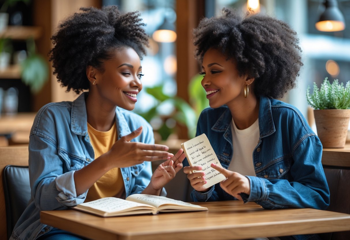 Two friends sitting at a coffee shop table, smiling and sharing a meaningful conversation with a notebook open between them.