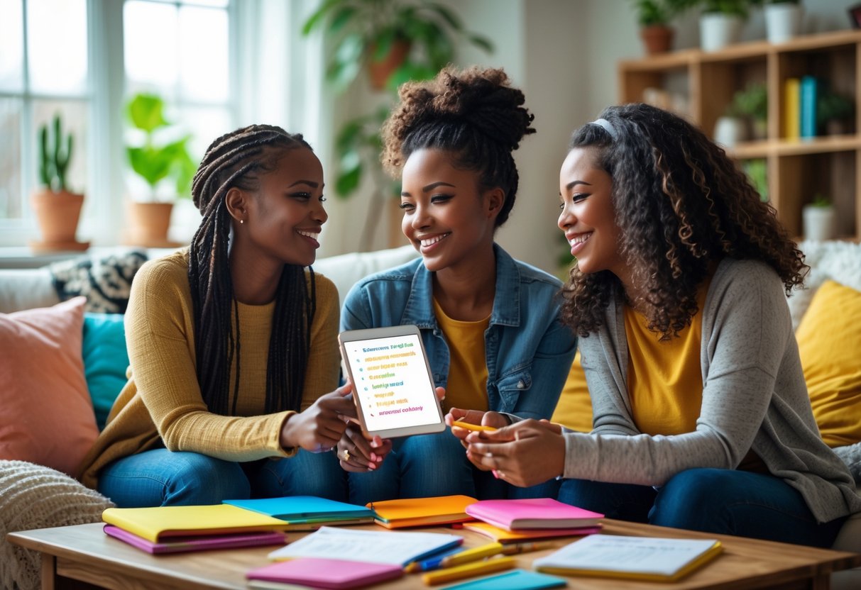 Three friends sitting around a coffee table, smiling and talking warmly in a cozy room with notebooks and a smartphone on the table.