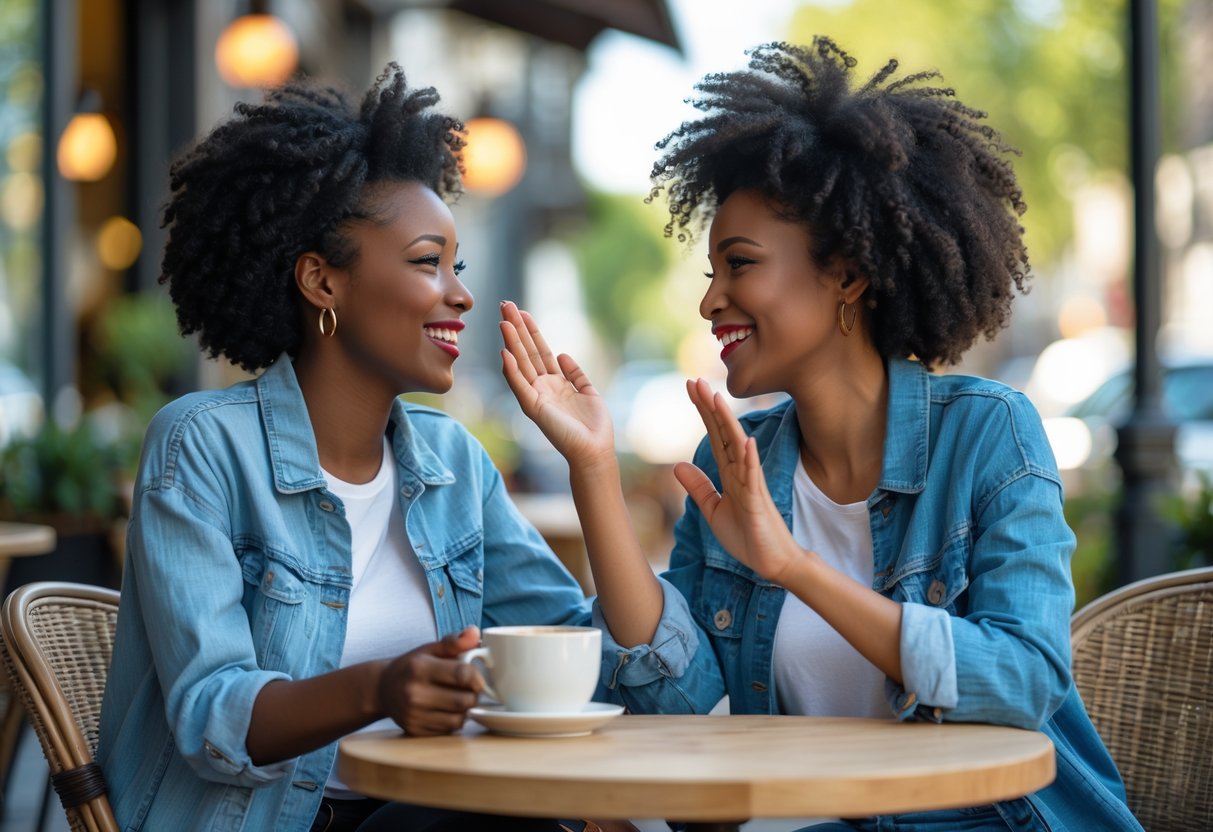 Two friends sitting at a café table outdoors, smiling and talking warmly with each other.