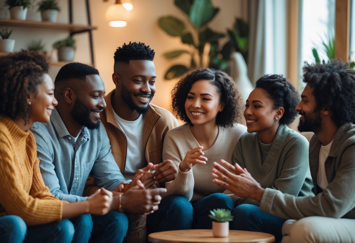 A diverse group of friends and couples sharing warm, supportive moments together indoors.