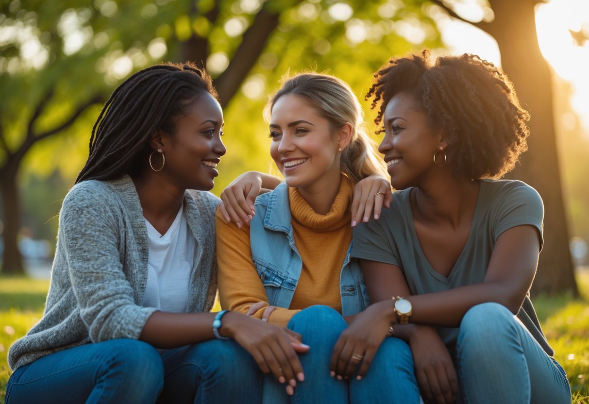 Three friends sitting together outdoors, smiling and sharing a supportive moment in a sunlit park.
