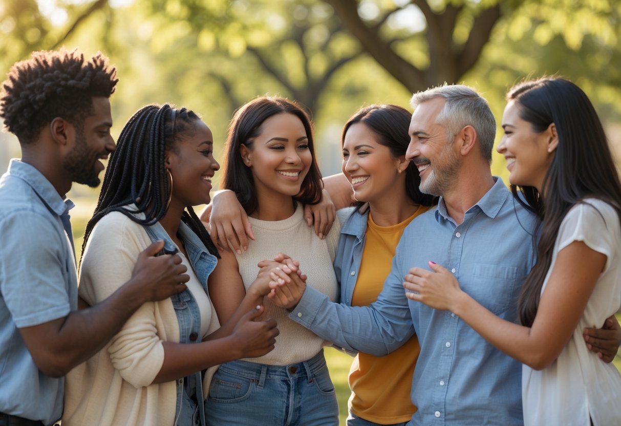A group of friends and couples smiling and interacting warmly outdoors in a sunny park.