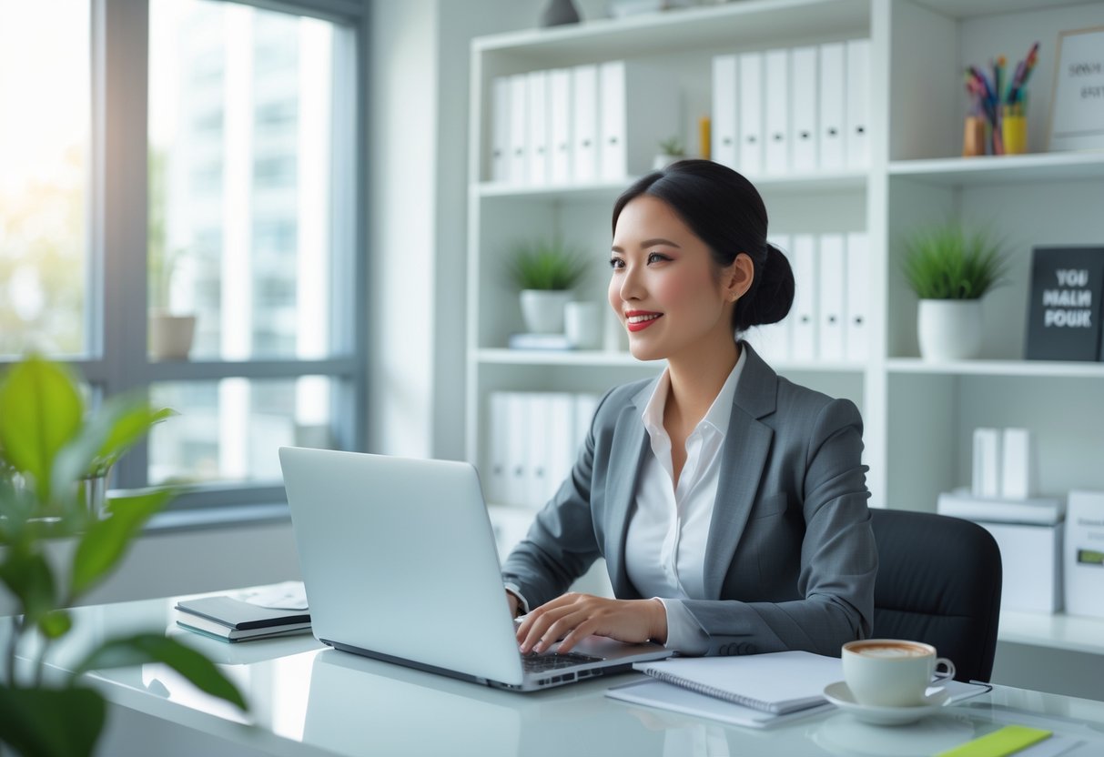 A person working at a desk in a bright office, focused on their laptop with organized supplies and a plant nearby.