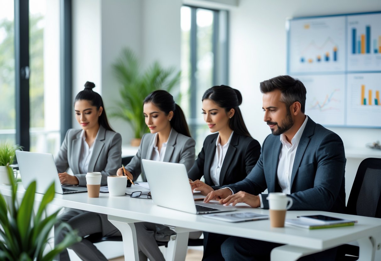 Three professionals working intently at a desk in a bright modern office with laptops and notebooks.
