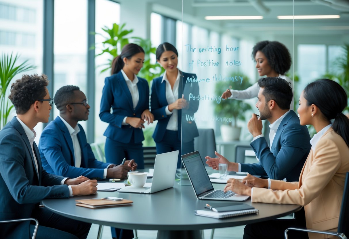 A group of professionals in an office meeting, one writing positive notes on a glass board while others listen and take notes.