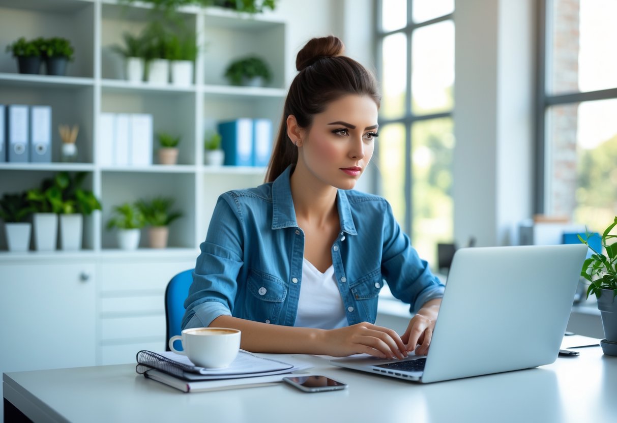 A young woman focused on her laptop at a tidy desk in a bright office with natural light and plants.
