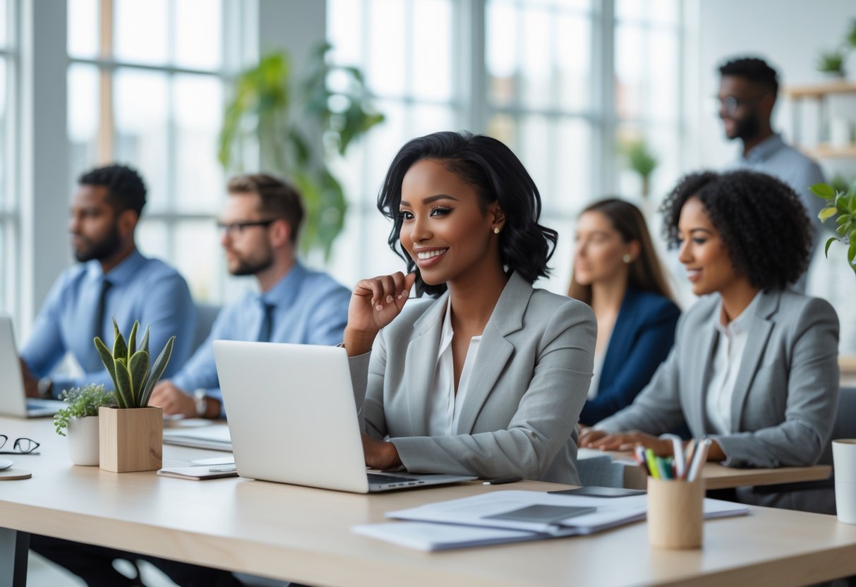 A group of professionals working confidently in a bright office, with a woman smiling at her laptop and colleagues collaborating in the background.