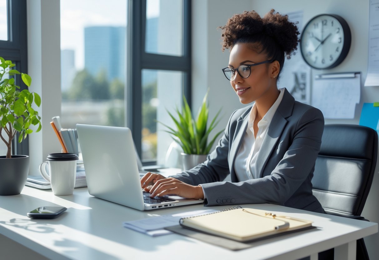 A professional working focused at a clean desk with a laptop, coffee, and a notebook in a bright office space.