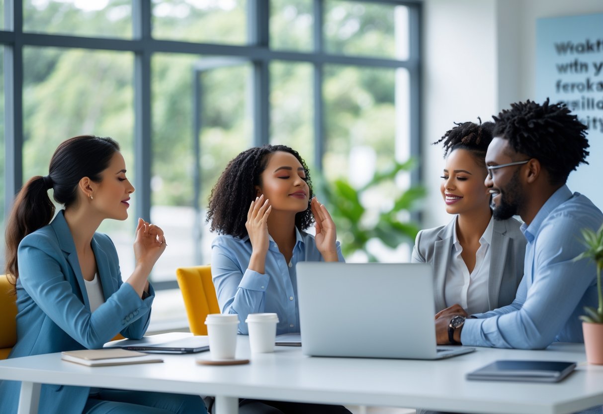 Three office workers collaborating at a desk in a bright office, one practicing deep breathing while others listen and smile, surrounded by plants and natural light.