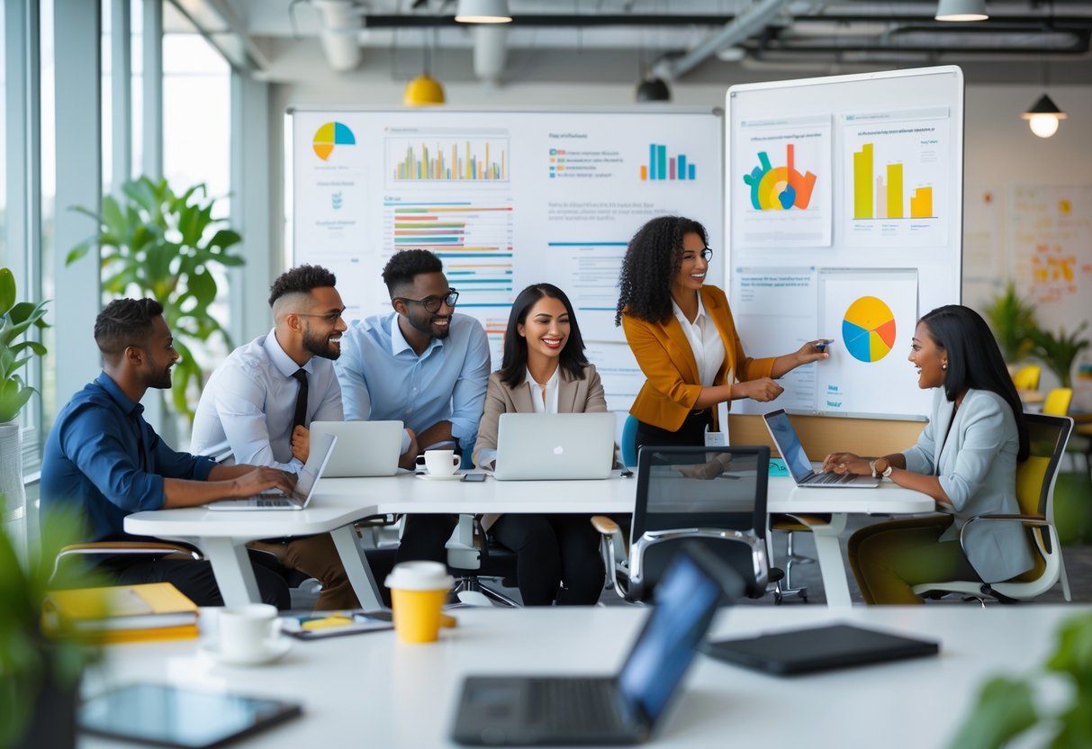 A group of diverse office workers collaborating and focusing on their tasks in a bright, modern workspace.