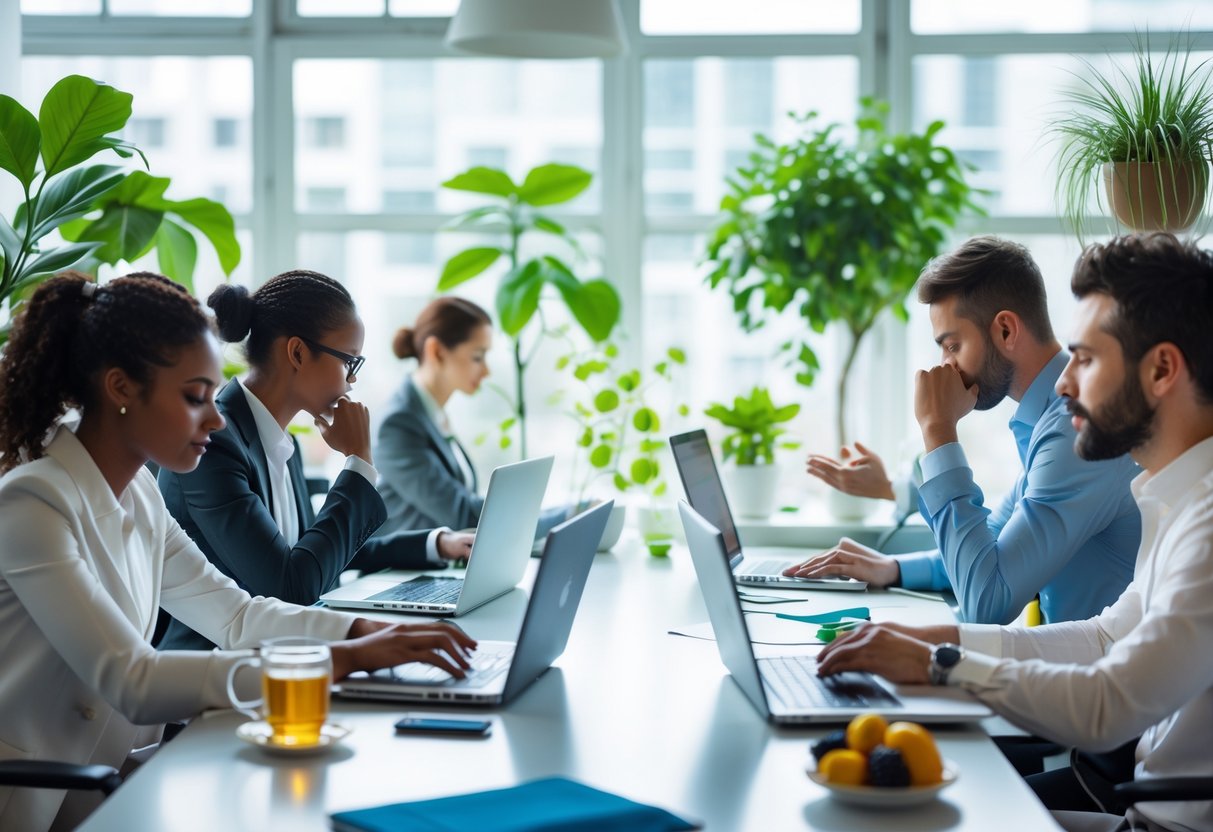 People working at desks in a bright office with natural light and plants, some focusing on tasks while others take mindful breaks.