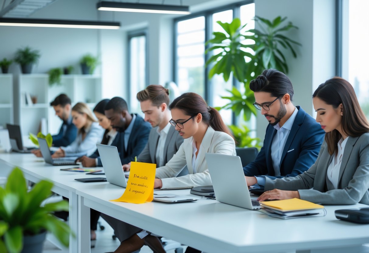 People working focused at their desks in a bright office, one person writing notes with plants and natural light around.