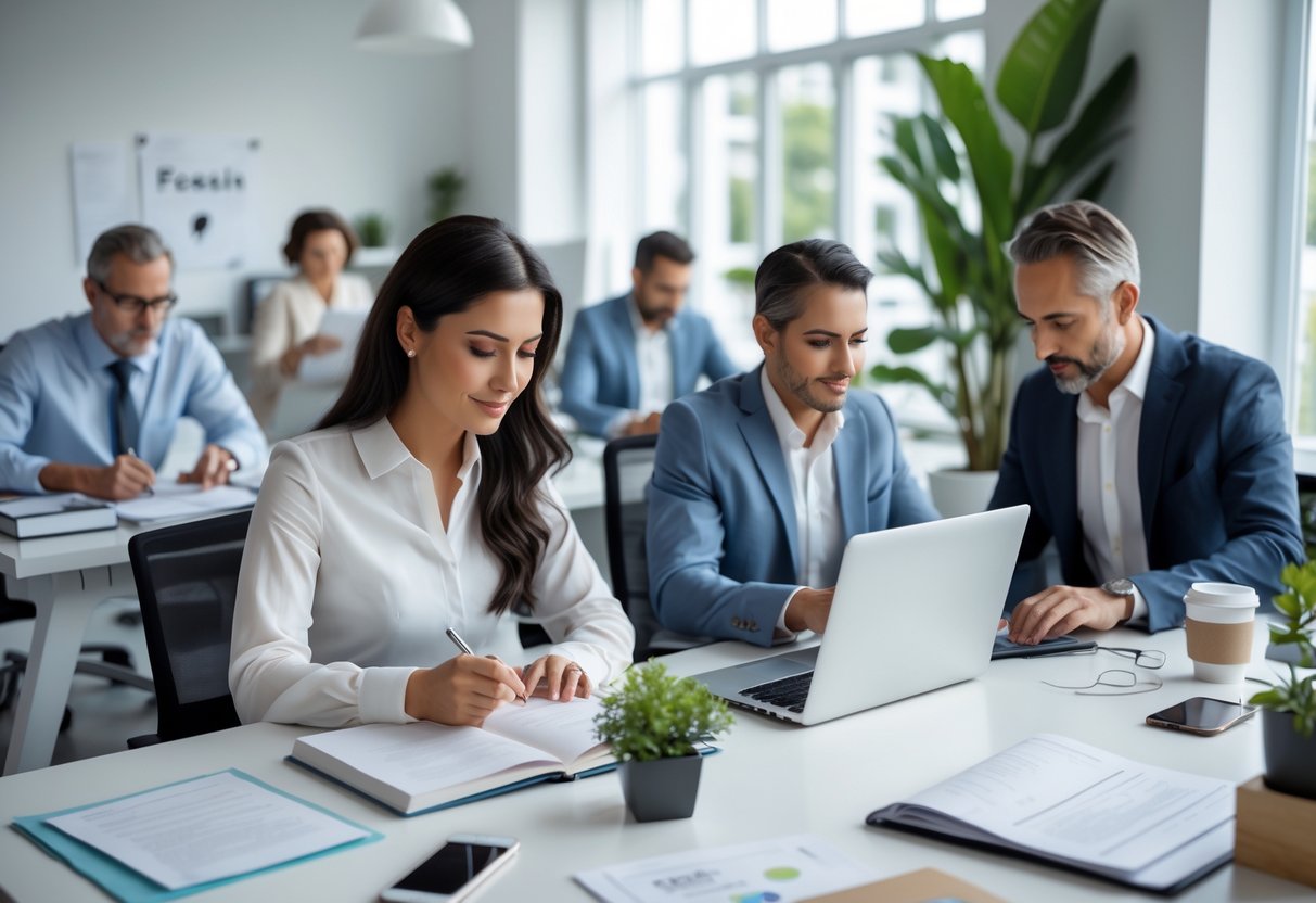 A group of professionals working focused at their desks in a bright office with laptops, notebooks, and plants.